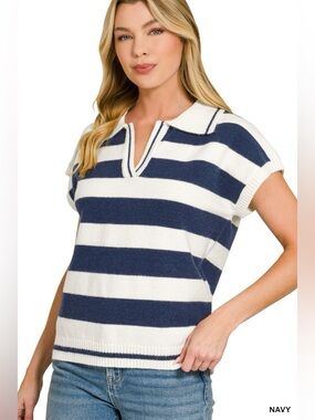 Zenana Striped Collared Short Sleeve Sweater